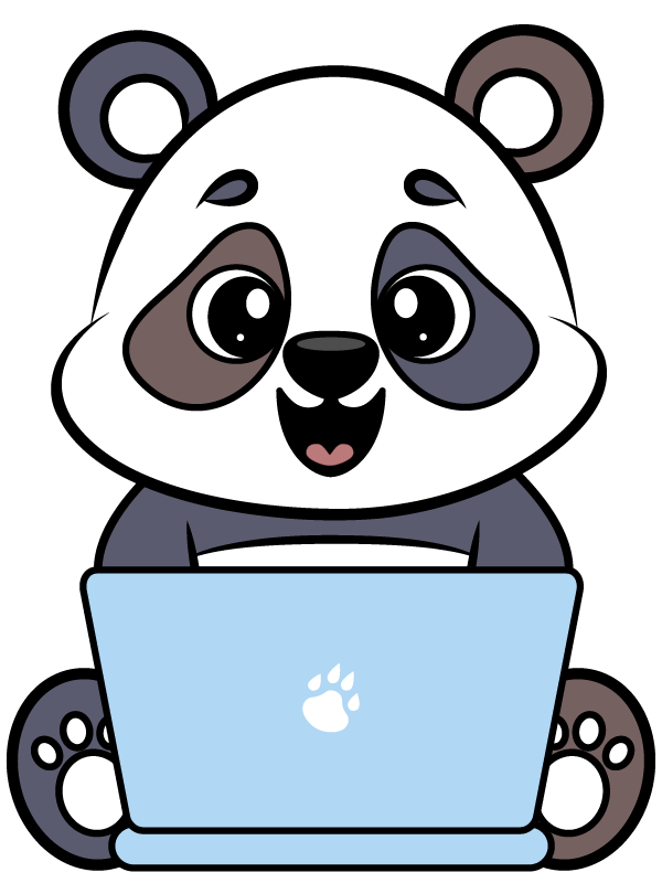 Hello Kellyco panda happily working on a light blue laptop