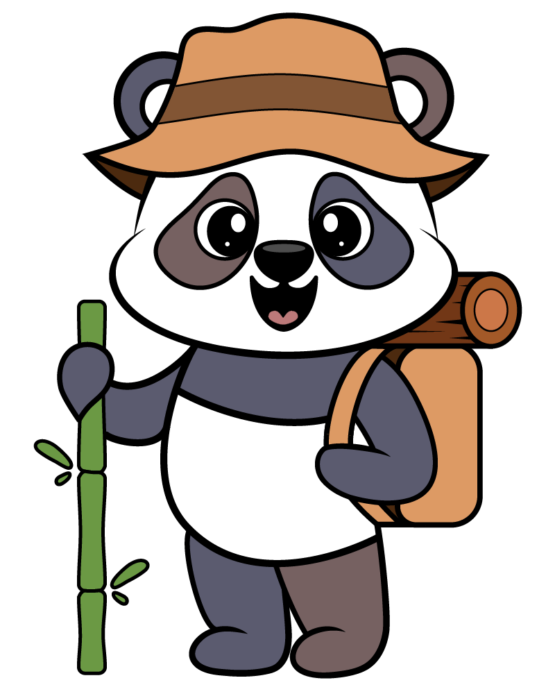 Hello Kellyco panda wearing a hat, carrying a backpack, and holding a bamboo walking stick; prepared for an adventure.