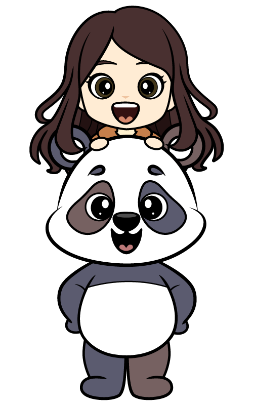 Illustration of Kelly, the software engineer behind the Hello Kellyco project, with the Hello Kellyco panda.