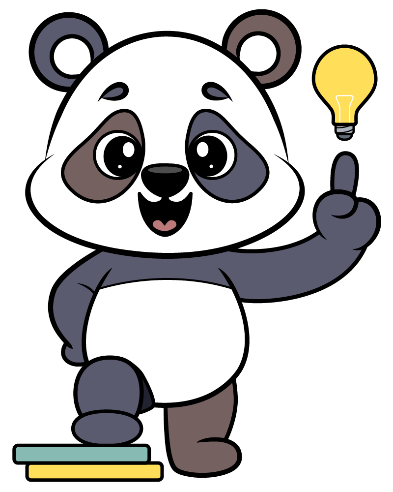Hello Kellyco panda striking a hero pose on two books, smiling and pointing to a glowing light bulb.