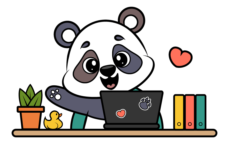 Hello Kellyco panda sitting at a colorful desk with a plant, rubber duck, and folders.